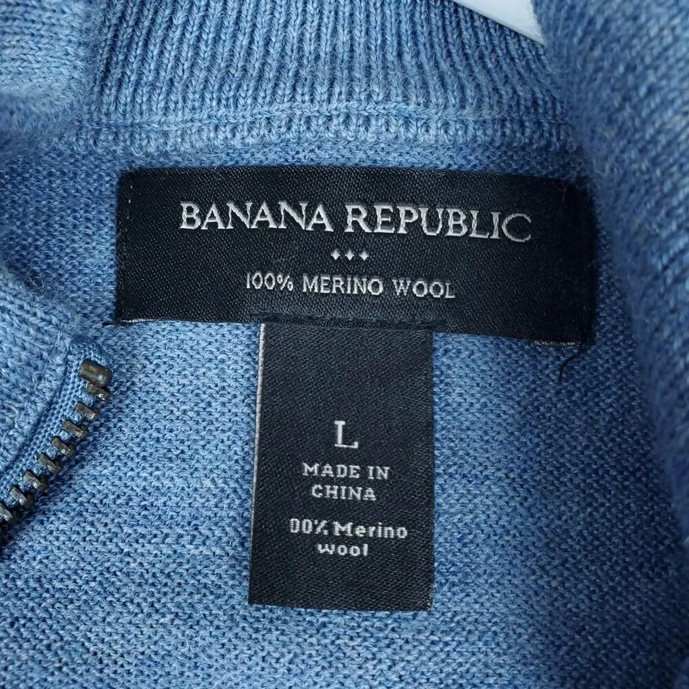 Banana Republic Sweater Mens Large Blue 1/4 Zip Mock Neck 100% Merino Wool Knit